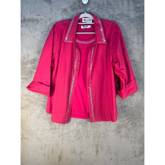 VTG R&B California 2 Piece T-Shirt Blouse Set XL Pink Rhinestone Bling Western - Picture 1 of 14